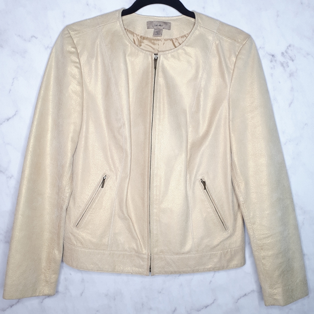 i.e. Leather Full Zip Gold Crew Neck Jacket Med